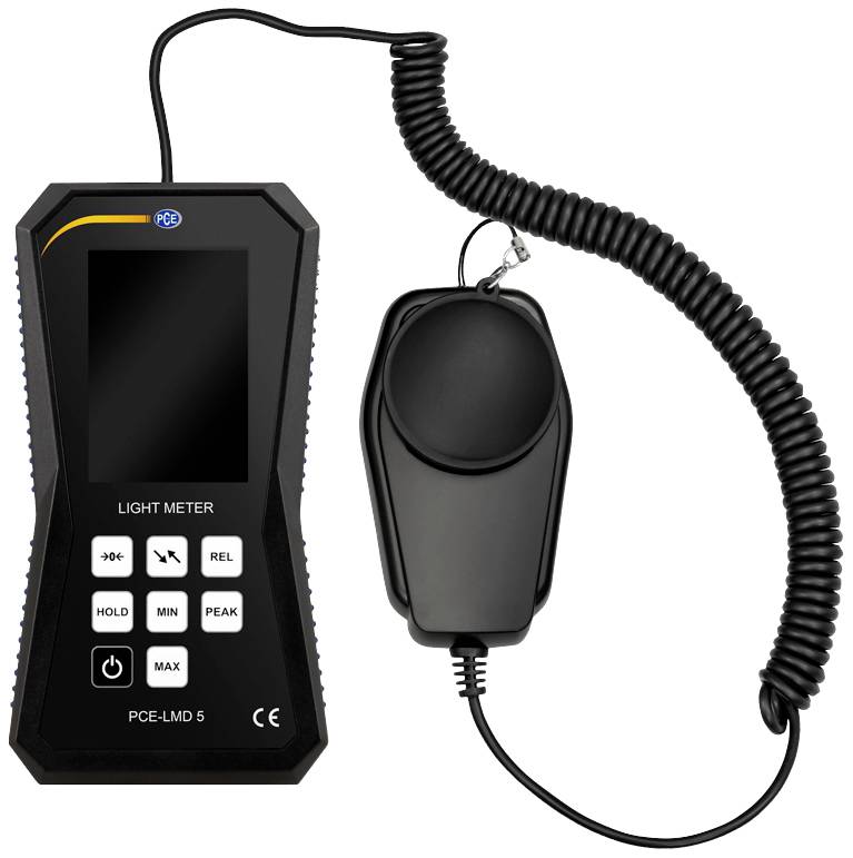 Ein digitales Luxmeter mit Display und Bedientasten, verbunden mit einem Sensor über ein Spiralkabel, zur Messung der Lichtintensität.