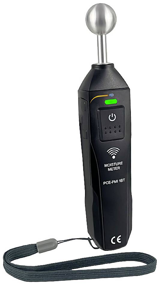 Ein schwarzes Feuchtigkeitsmessgerät mit kugelförmigem Sensor oben und grüner LED-Anzeige. Handgelenkschlaufe am Griff.