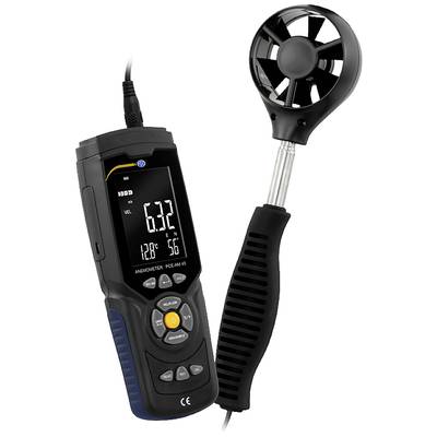 Hand-Anemometer mit digitalem Display, zeigt Windgeschwindigkeit 6,32 m/s, Temperatur 12,8°C, Luftfeuchtigkeit 56%, mit Sensor.