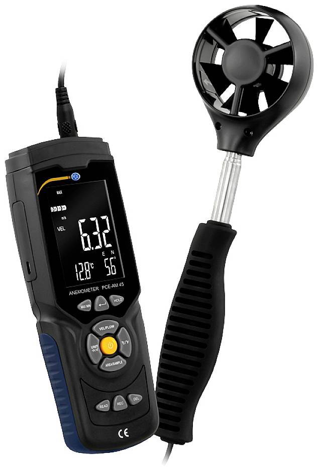 Tragbares Anemometer mit digitalem Display, zeigt Luftgeschwindigkeit und Temperatur an. Geeignet für professionelle Messungen.