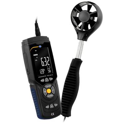 Tragbares Anemometer mit digitalem Display, zeigt Luftgeschwindigkeit und Temperatur an. Geeignet für professionelle Messungen.