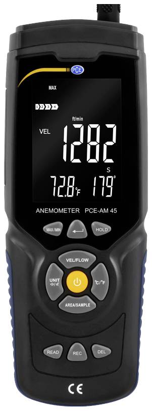 Digitales Anemometer PCE-AM 45 zeigt Luftgeschwindigkeit 1282 m/s, Temperatur 72,8°F. Tasten für Funktionen: FLOW, MAX/MIN, HOLD.