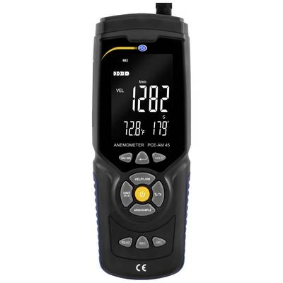 Digitales Anemometer PCE-AM 45 zeigt Luftgeschwindigkeit 1282 m/s, Temperatur 72,8°F. Tasten für Funktionen: FLOW, MAX/MIN, HOLD.