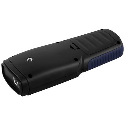 Ein schwarzes, tragbares Gerät mit blauen Griffen und einer Linse, möglicherweise ein Scanner oder Messgerät.