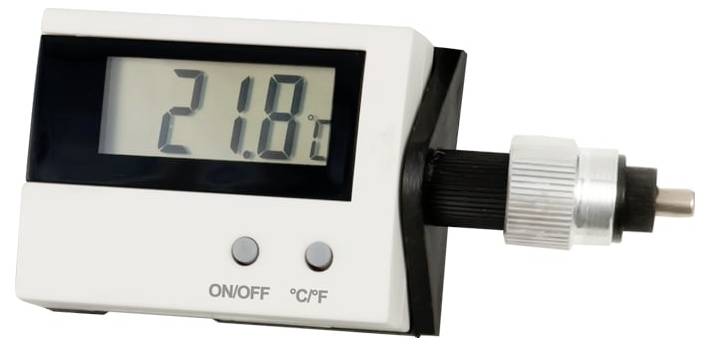 Digitales Thermometer mit Anzeige von 21,8°C, mit Fühlersensor auf der rechten Seite und EIN/AUS- sowie °C/°F-Tasten unter dem Display.