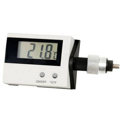 Digitales Thermometer mit Anzeige von 21,8°C, mit Fühlersensor auf der rechten Seite und EIN/AUS- sowie °C/°F-Tasten unter dem Display.