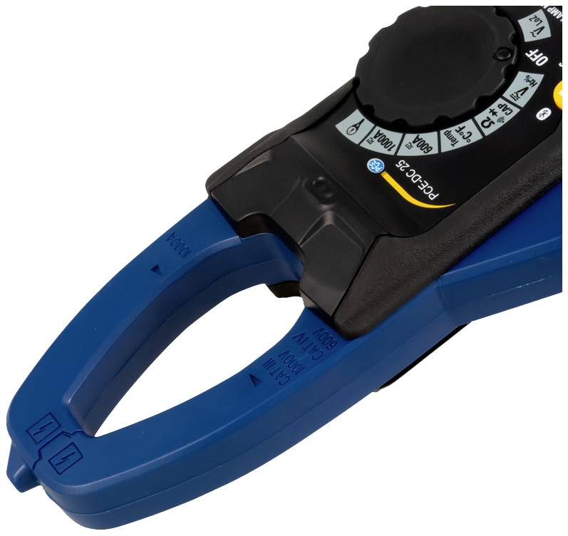 Ein blaues, handgehaltenes elektrisches Messgerät mit Drehschalter und Zangenöffnung, verwendet zur Strommessung.