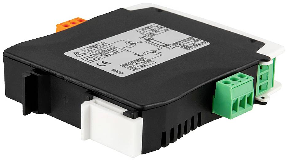 Ein schwarzes, rechteckiges elektronisches Modul mit verschiedenfarbigen Anschlussklemmen auf den Seiten und einem Schaltplan auf der Oberfläche.