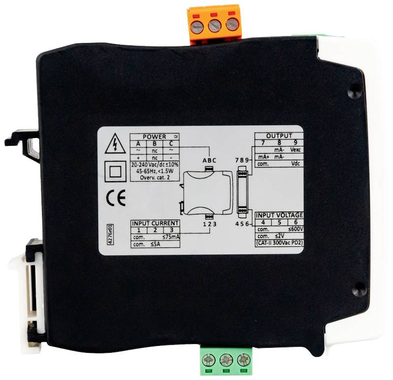 Elektrisches Bauteil mit Label, das technische Spezifikationen zeigt, einschließlich Stromaufnahme, Eingangs- und Ausgangsspannungen.