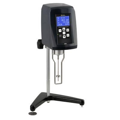 Labilviskosimeter auf einem Ständer mit digitaler Anzeige und Spindel zur Messung der Fluidviskosität.
