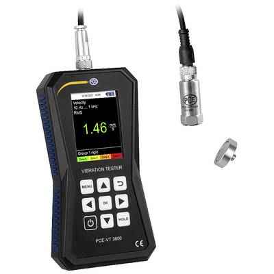 'Vibrationstester PCE-VT 3800 mit Farbdisplay, zeigt Messwerte in mm/s an. Enthält Sensor und Befestigungsmagnet.'