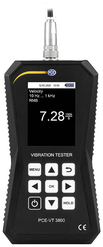 Hand-Vibrationsmessgerät mit Bildschirm zeigt Messwert '7,28 mm/s RMS'. Tasten darunter zur Bedienung.