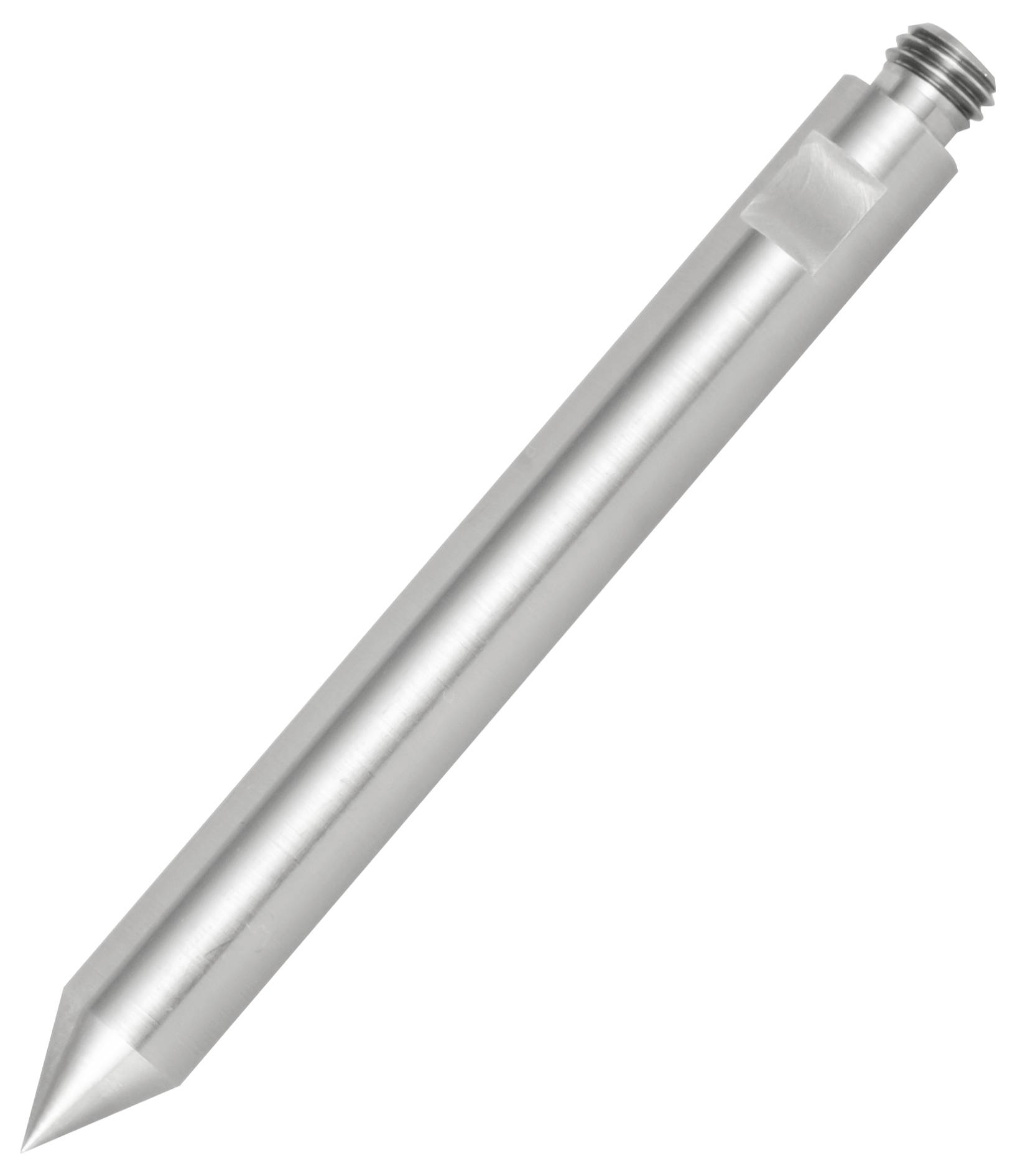 Silberner Metalldübel mit spitzer Spitze und Gewinde oben, diagonal auf weißem Hintergrund dargestellt.