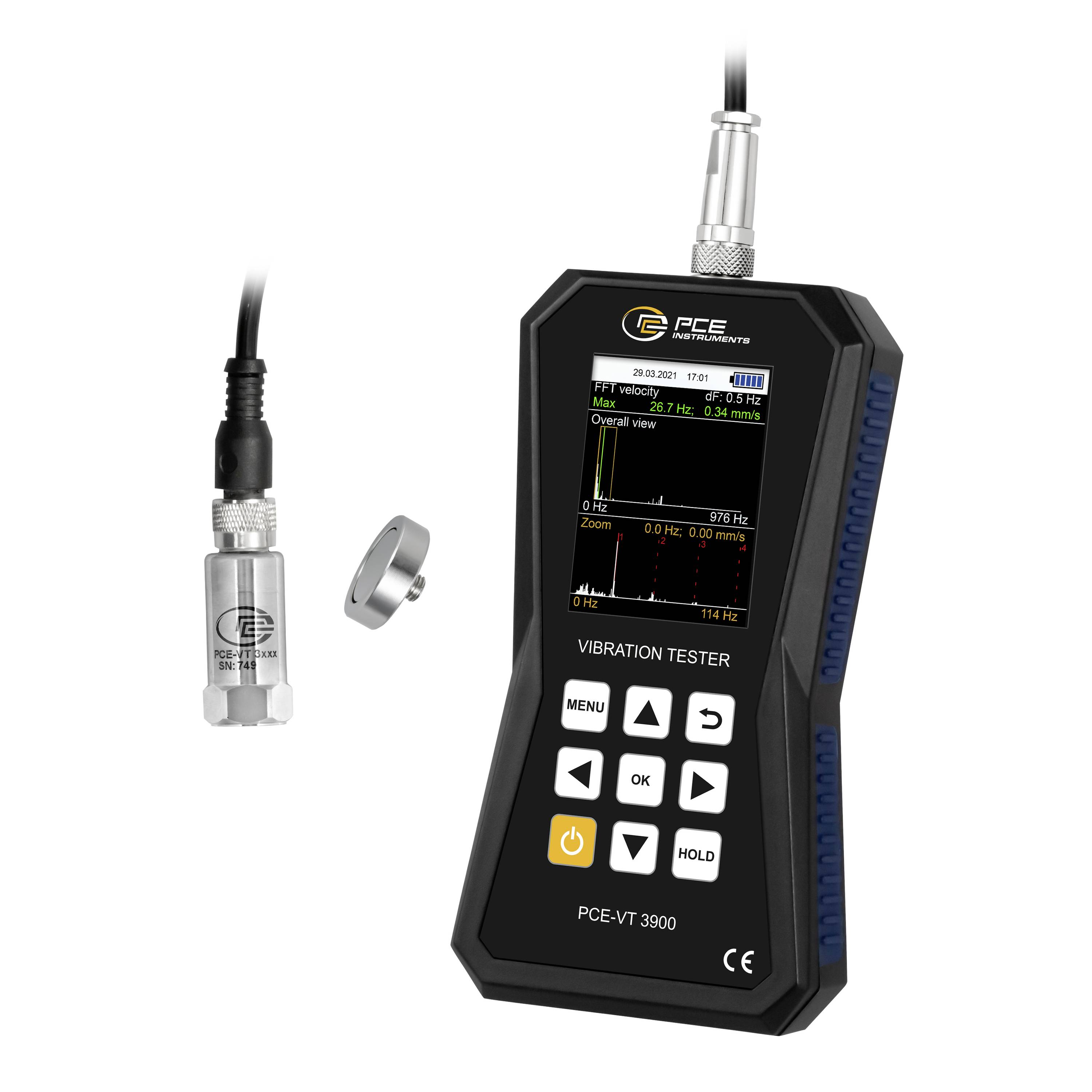 Tragbarer Vibrationsprüfer mit Sonde und Magnetadapter, zeigt einen Bildschirm mit Vibrationsgraphen und Messwerten.