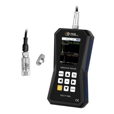 Tragbarer Vibrationsprüfer mit Sonde und Magnetadapter, zeigt einen Bildschirm mit Vibrationsgraphen und Messwerten.