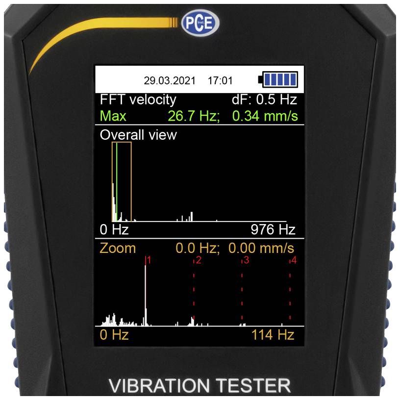 Ein Vibrationstester mit einer Anzeige für Frequenz, Geschwindigkeit und Maximalwerte. Diagramm zeigt Frequenzspektrum von 0 bis 114 Hz.