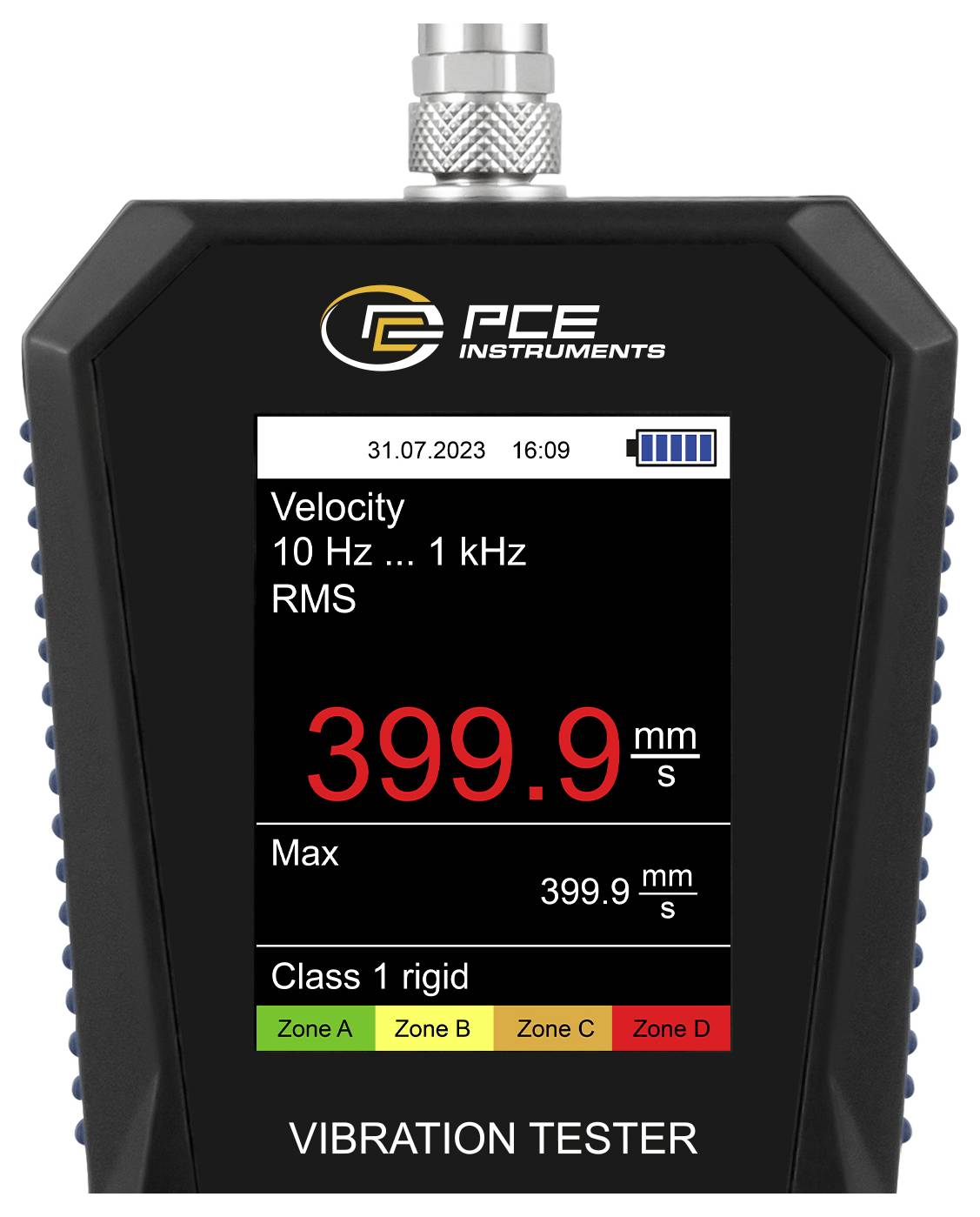 Tragbares PCE-Schwingungsprüfgerät mit Display, das eine Geschwindigkeit von 399,9 mm/s RMS anzeigt, Maximum 399,9, Klasse 1 starr, mit Farbzonenindikator von A bis D.
