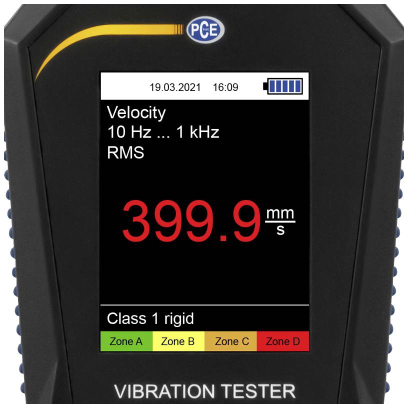 'Vibrationsmessgerät Display zeigt 399.9 mm/s RMS, Frequenz von 10 Hz bis 1 kHz. Datumsanzeige: 19.03.2021, 16:09. Klassen A bis D.'