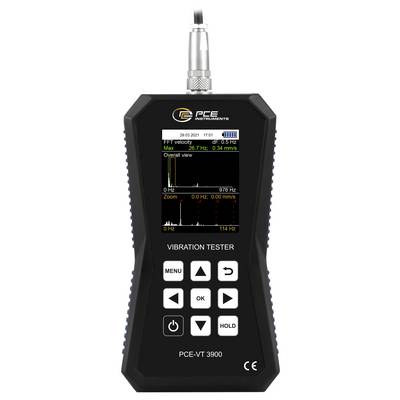Tragbarer PCE-Vibrationsprüfer mit Bildschirm, der FFT-Geschwindigkeit und Gesamtschwingungswerte anzeigt, sowie Navigationstasten und Modell PCE-VT 3900.