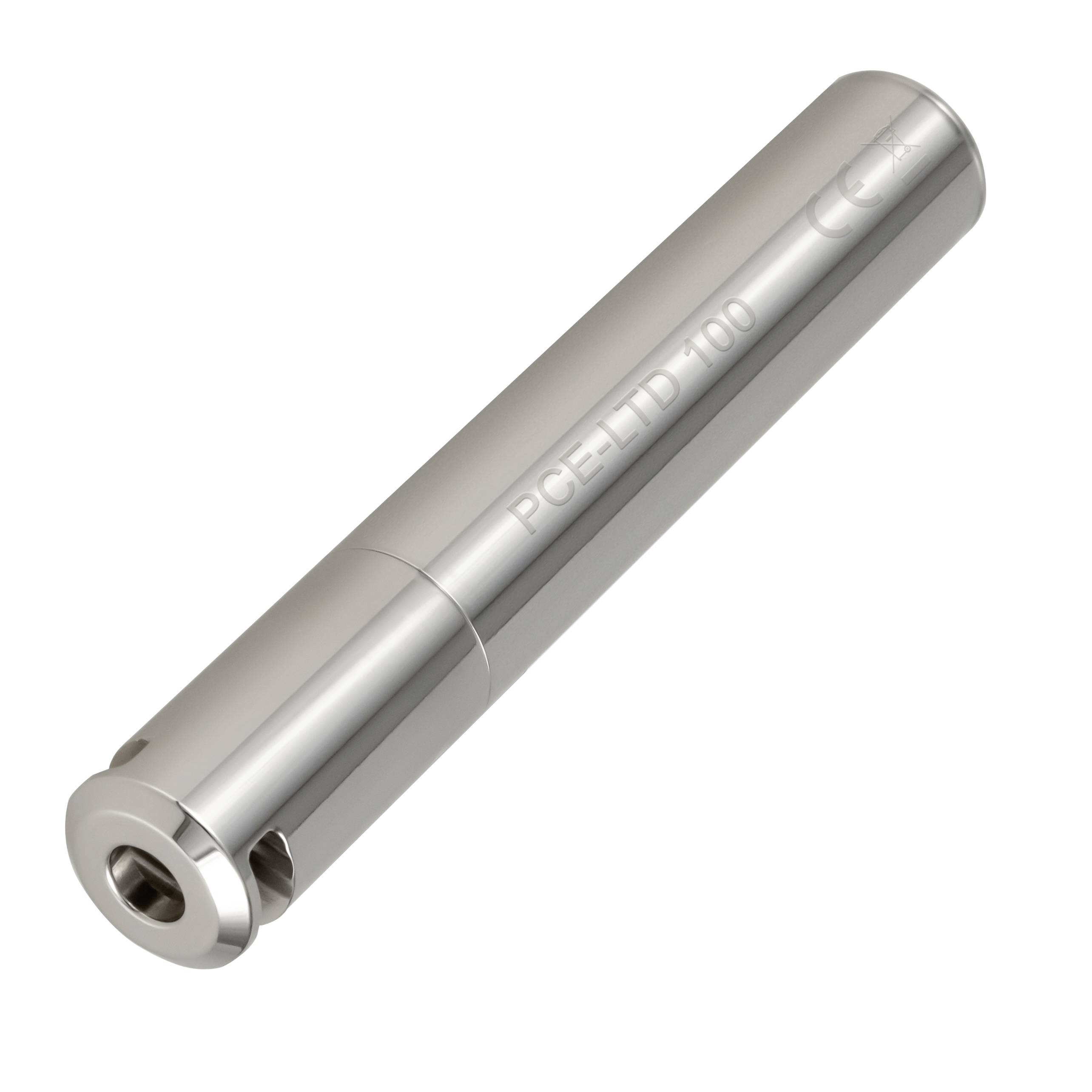 Silberfarbiger zylindrischer Metallsensor oder eine Sonde mit abgerundeter Spitze, beschriftet mit "PCE-ETD 100", gezeigt vor weißem Hintergrund.