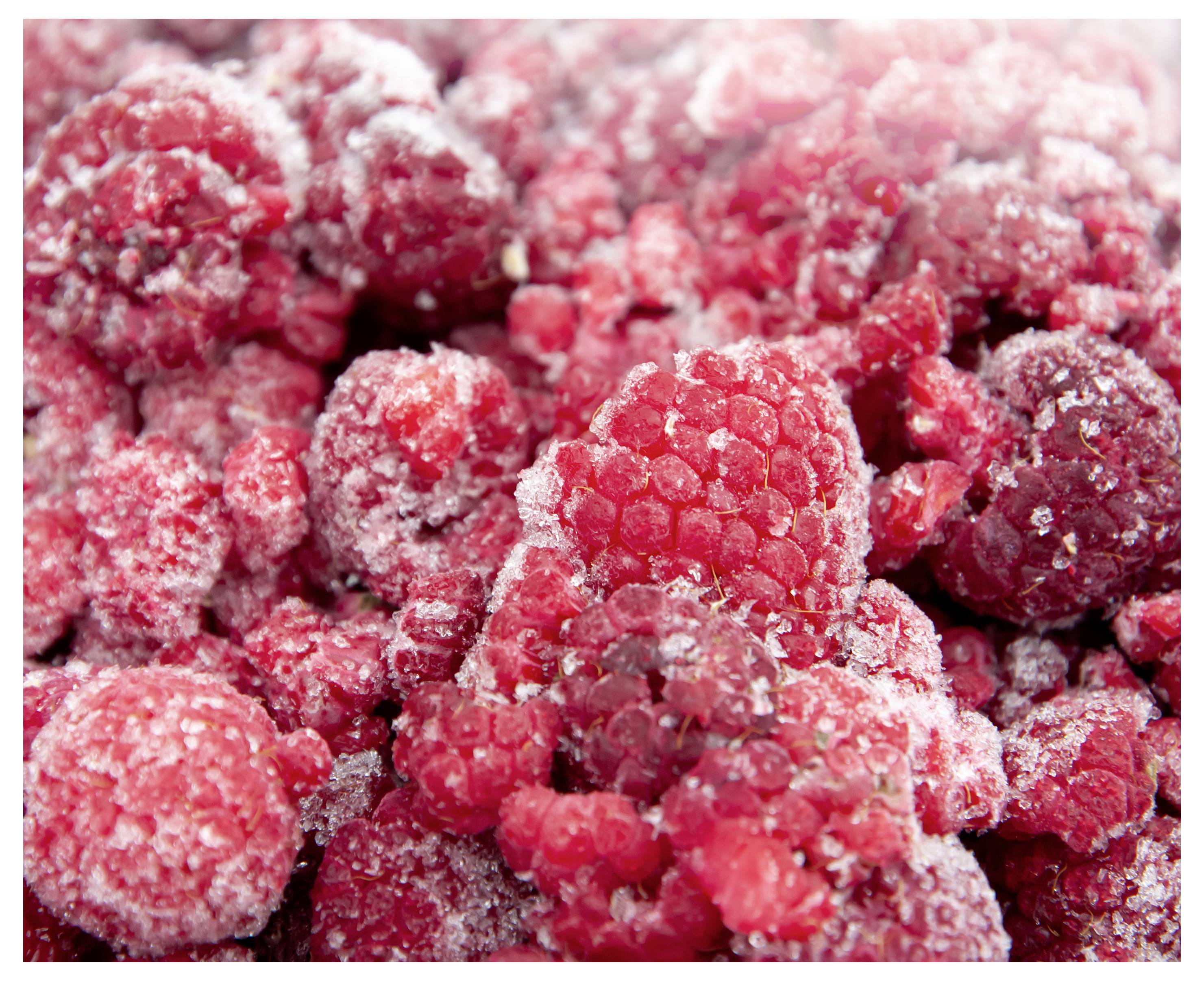 Nahaufnahme von gefrorenen Himbeeren, die mit Reif überzogen sind und den Bildrahmen ausfüllen.
