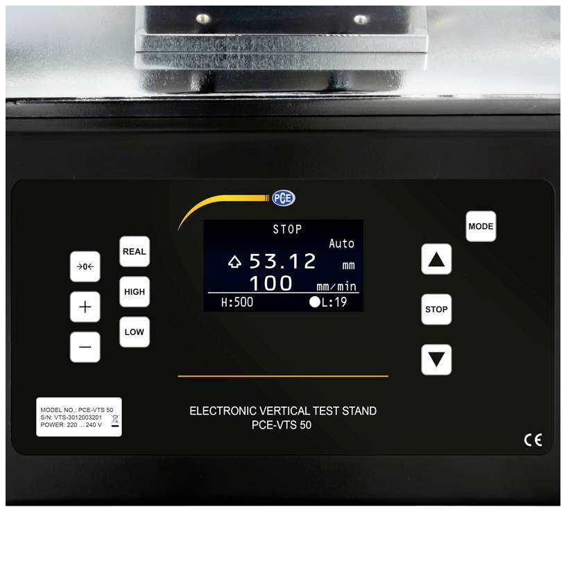 Anzeige eines elektronischen vertikalen Prüfstands mit digitalen Bedienelementen und Anzeige von Messwerten sowie Modus-Optionen.