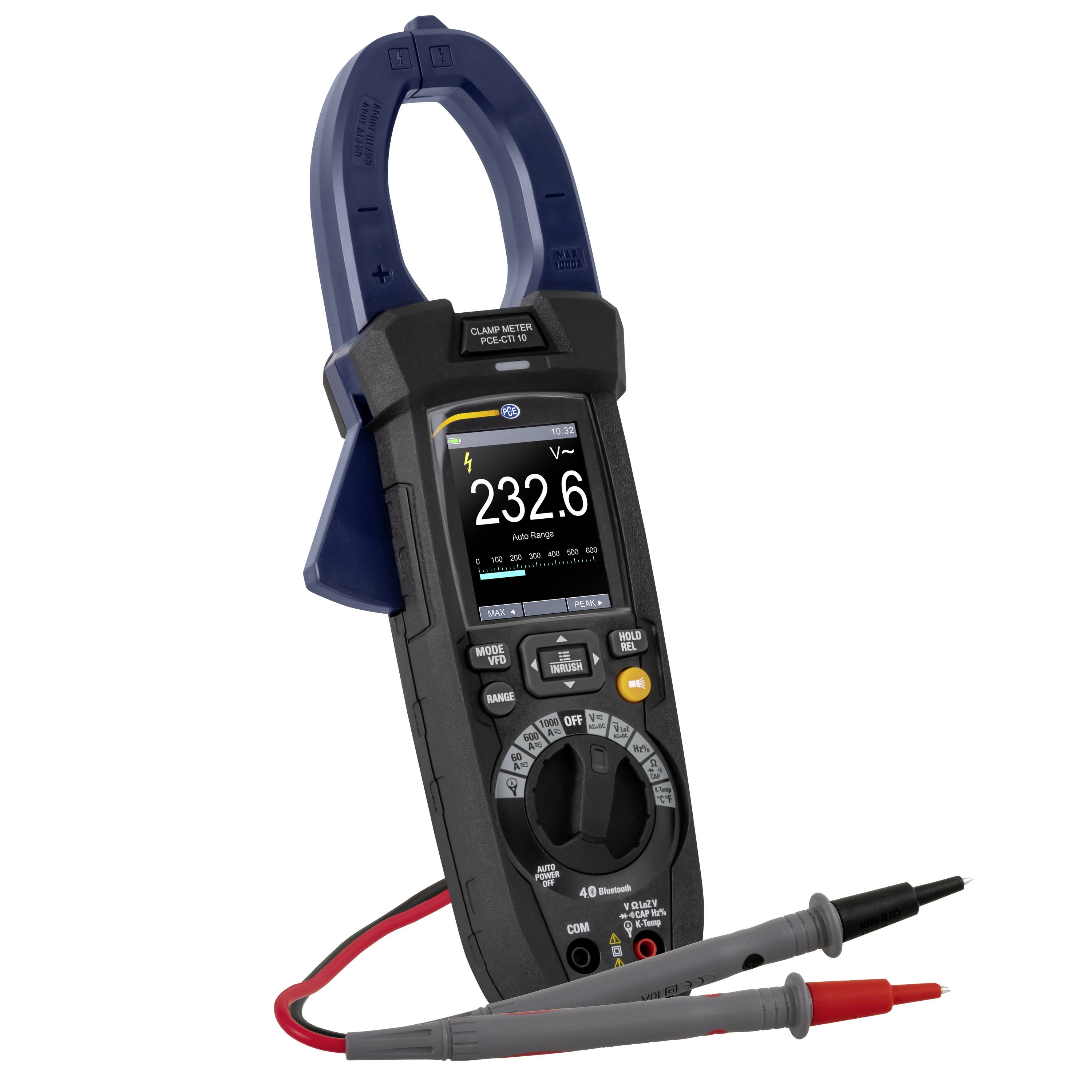 Digitales Zangenmultimeter zeigt 232,6 V AC an, mit angeschlossenen Messspitzen.
