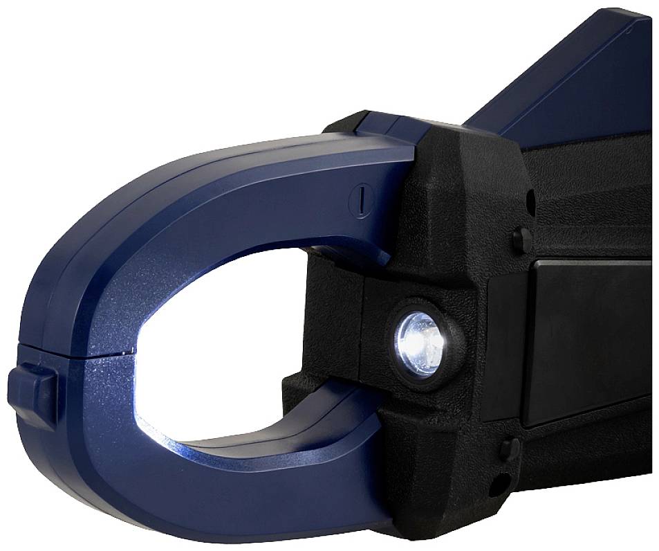 Ein blau-schwarzes, industrielles Werkzeug mit großem runden Greifer und integriertem Licht auf der Seite, Ansicht von schräg vorne.