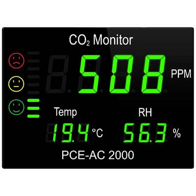 'CO₂-Monitor zeigt 508 PPM. Temperatur: 19,4°C. Luftfeuchtigkeit: 56,3%. Smiley-Faces deuten Luftqualität an.'