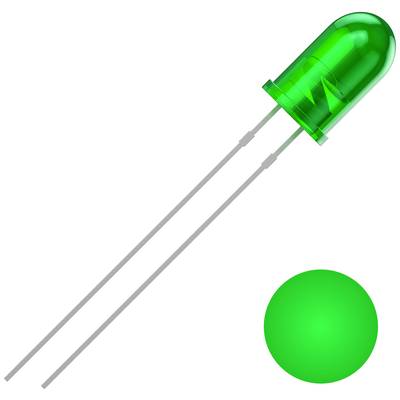 Grüne LED mit zwei Anschlussdrähten. Rundes Gehäuse, geeignet für elektronische Anwendungen und Leuchtzwecke.