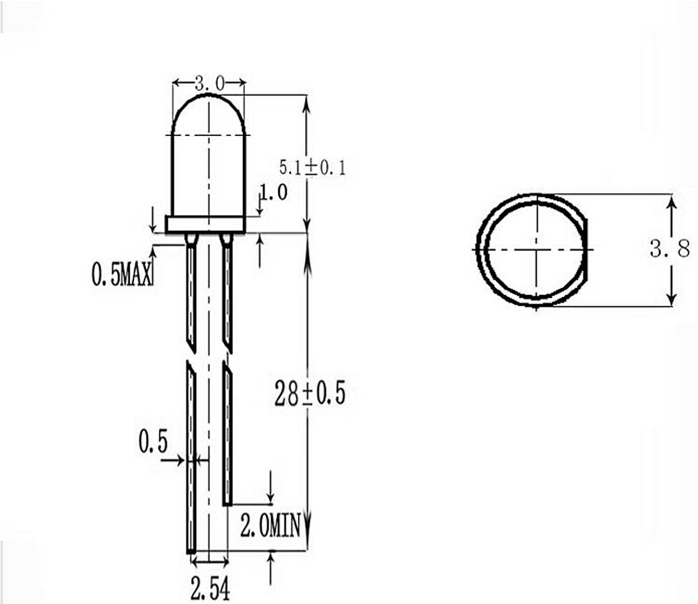 Technische Zeichnung einer LED: Zylinderform, Durchmesser 3 mm, Länge 28 mm, Maße und Toleranzen angegeben. Draufsicht zeigt runden Kopf.