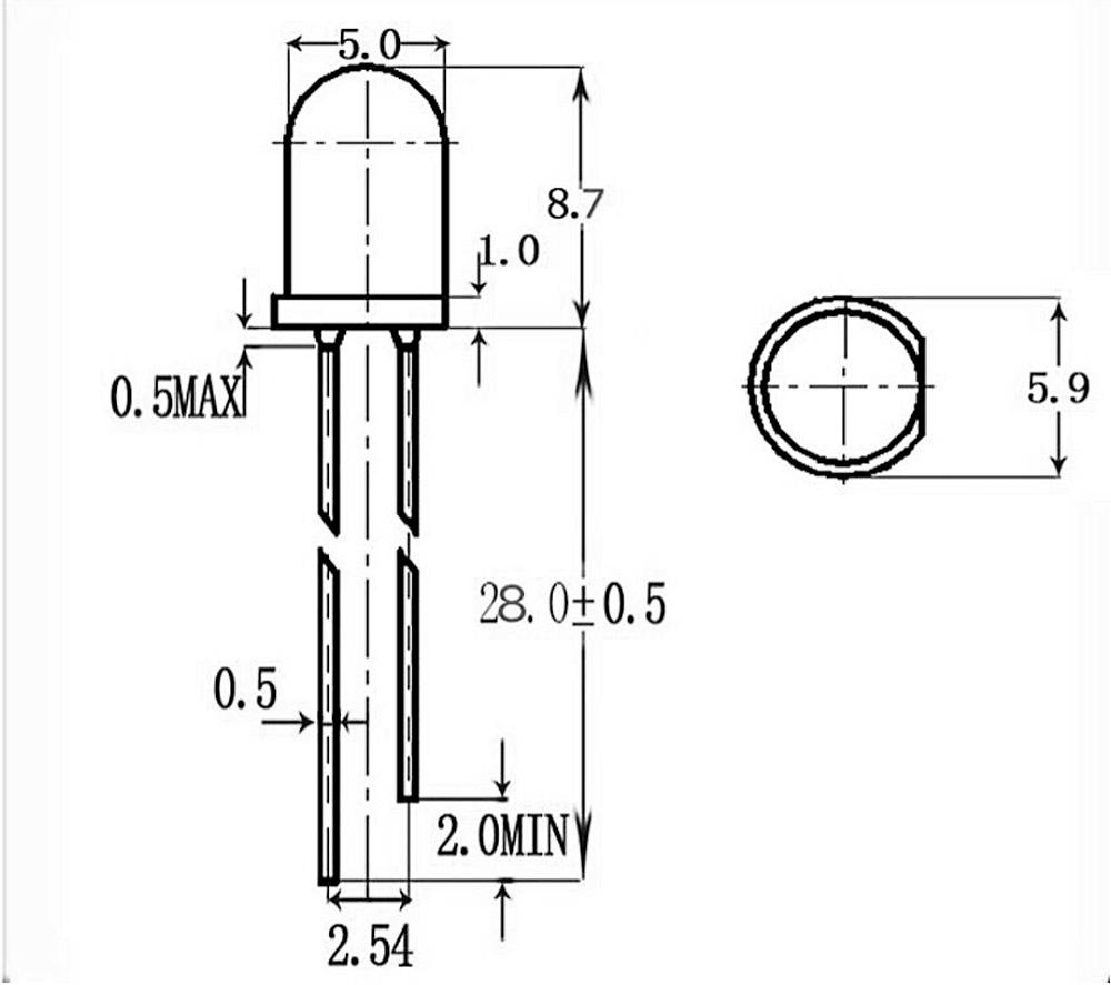 Diagramm einer LED mit Abmessungen: Höhe 28 mm, Breite 5 mm, Beinlänge 2,54 mm, maximale Kopfhöhe 5,9 mm.