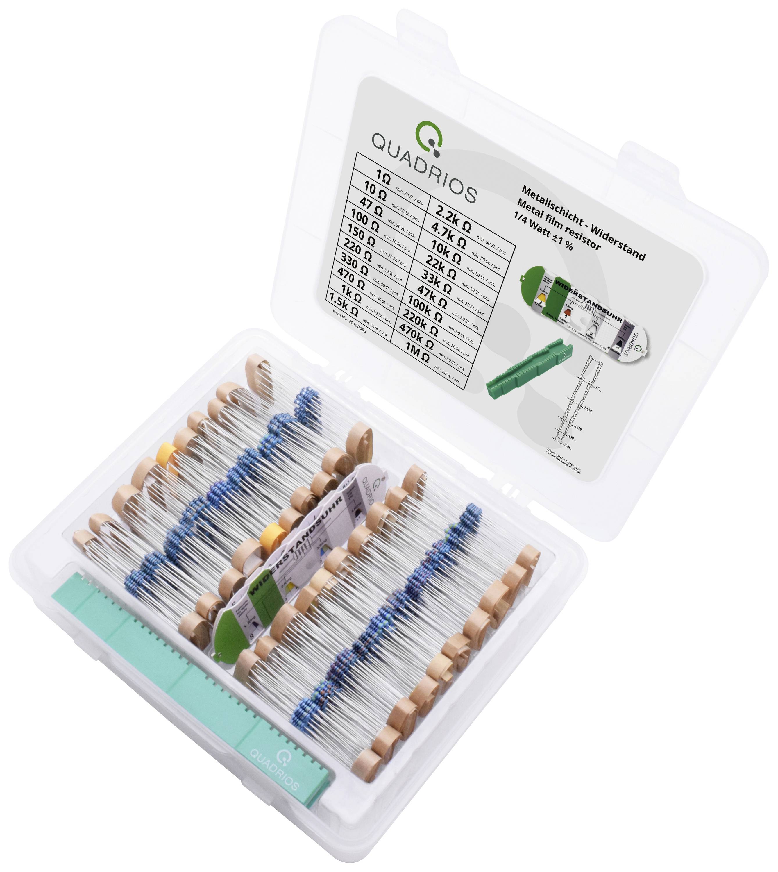 'Set mit Metallfilm-Widerständen in unterschiedlichen Ohm-Werten, geordnet und beschriftet in einer offenen Kunststoffbox. Tabelle mit Widerstandswerten innen.'