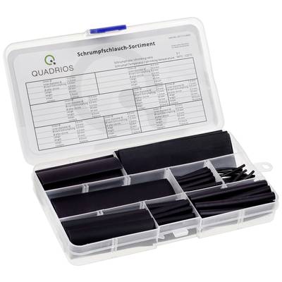 Schwarzes Schrumpfschlauch-Sortiment in einer transparenten Box mit Fächern und Produktinformationen innen auf dem Deckel.