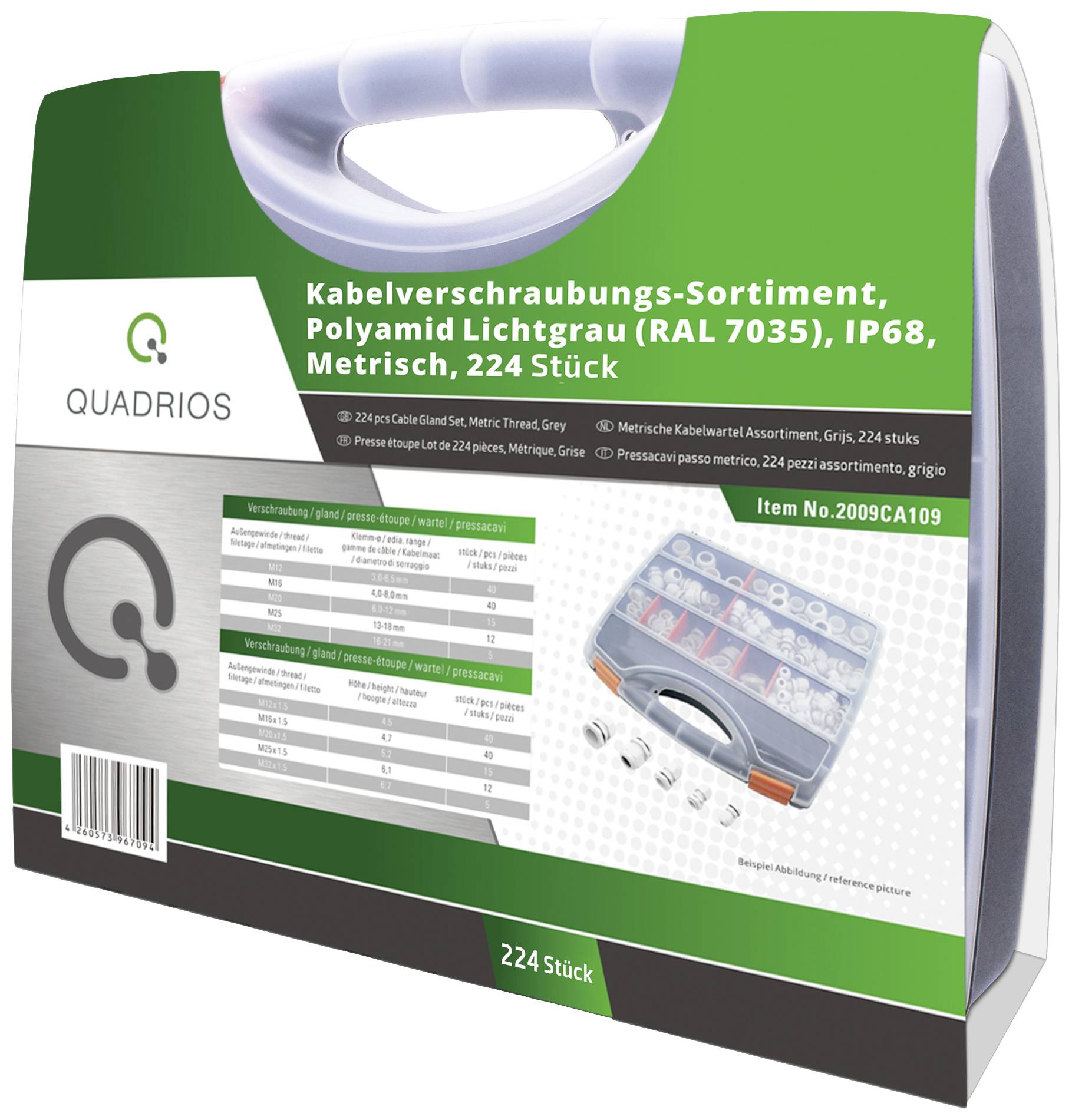 'Set aus Kabelverschraubungen, Polyamid, Lichtgrau, IP68, 224 Stück, metrisch. Verpackung zeigt Inhaltsdetails und Abbildung des Sets.'