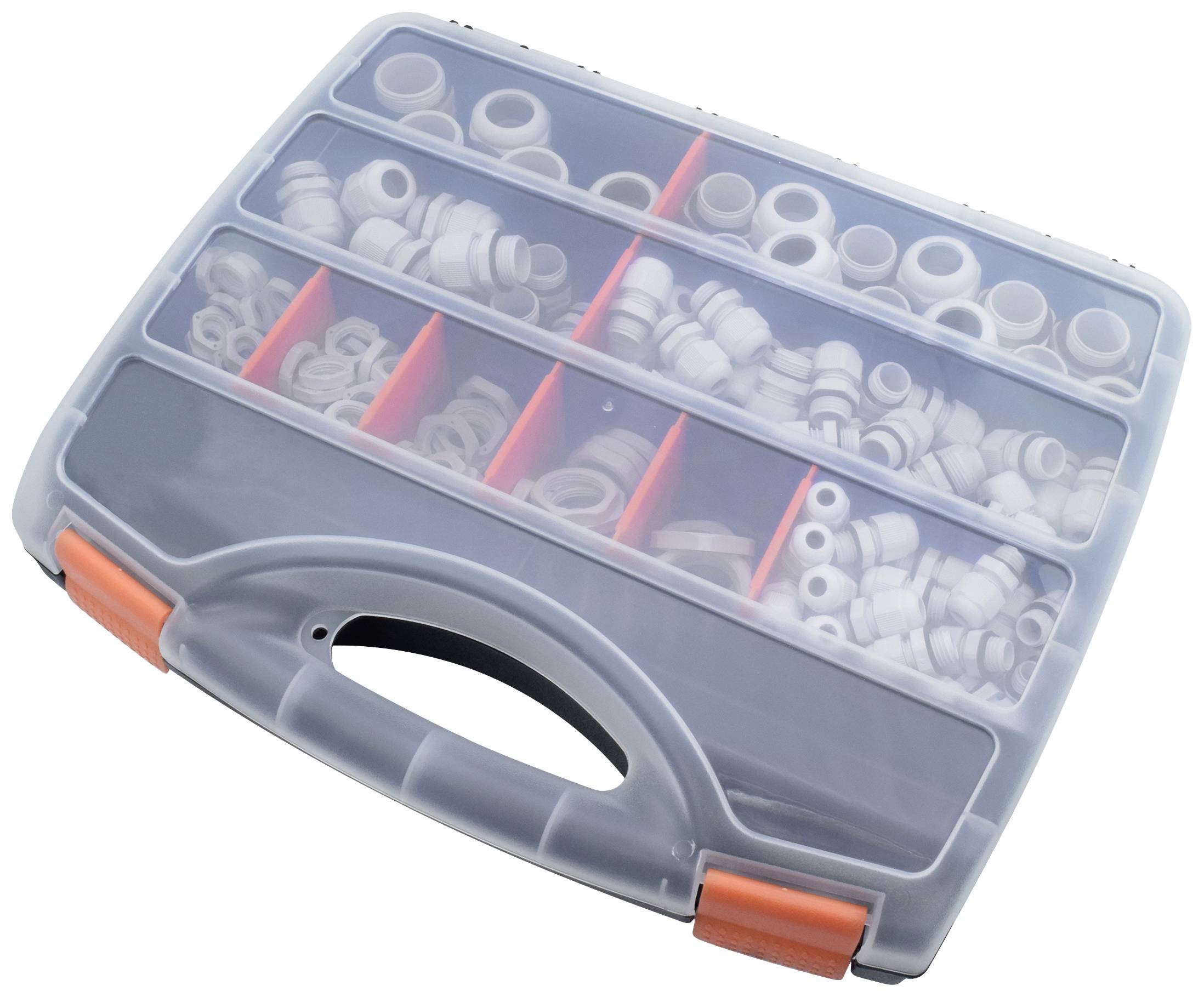 Ein transparenter Kunststoffkoffer mit einem Griff, enthält verschiedene weiße Kunststoffdichtungen, organisiert in mehreren Fächern.