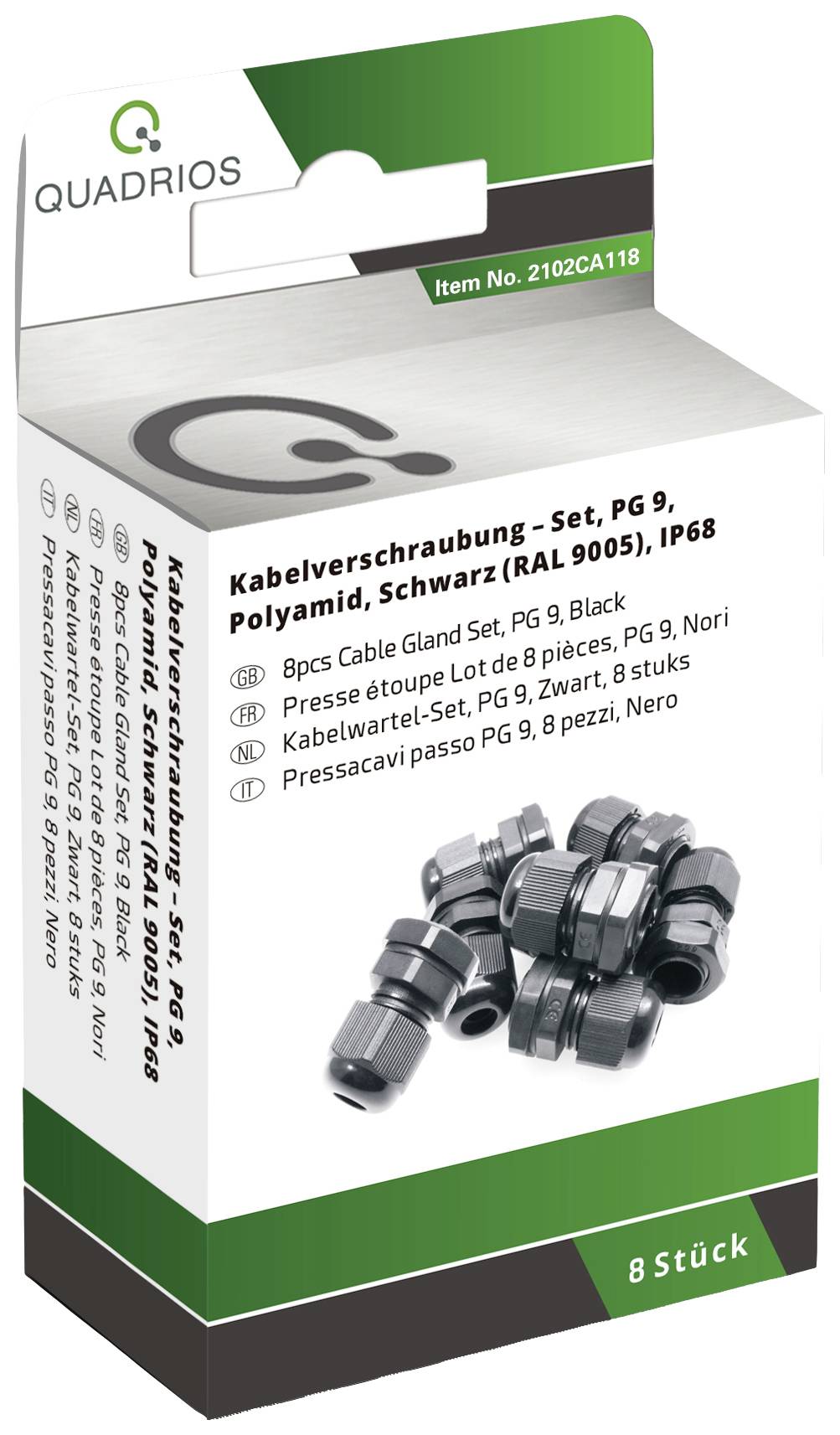 Quadrios 2102CA118 Kabelverschraubung Sortiment PG9 PA66 Schwarz 1 Set