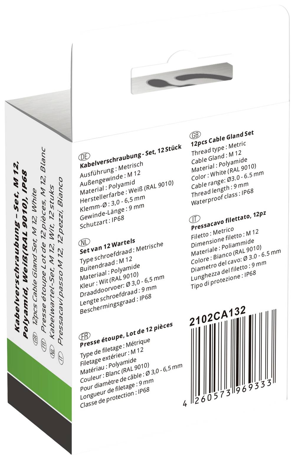 Eine Verpackung mit 'Kabelverschraubung-Set, M12, 12 Stück, Material: Polyamid'. Beschriftung auf Deutsch und Englisch.