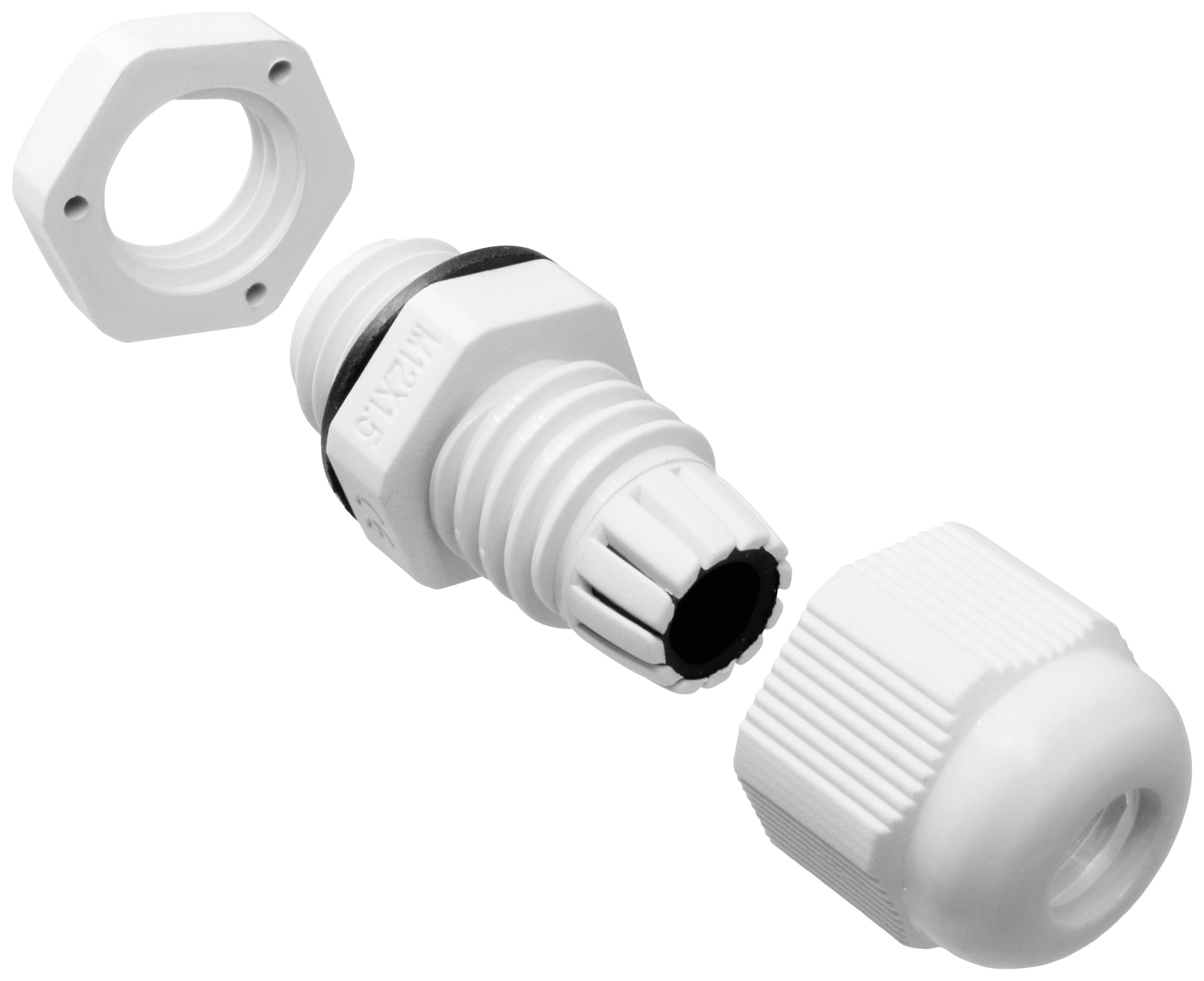 Ein Kunststoff-Kabelverschraubungssatz besteht aus einer Mutter, einer Dichtung und einem Gewindestück mit Rillen, alle in Weiß.