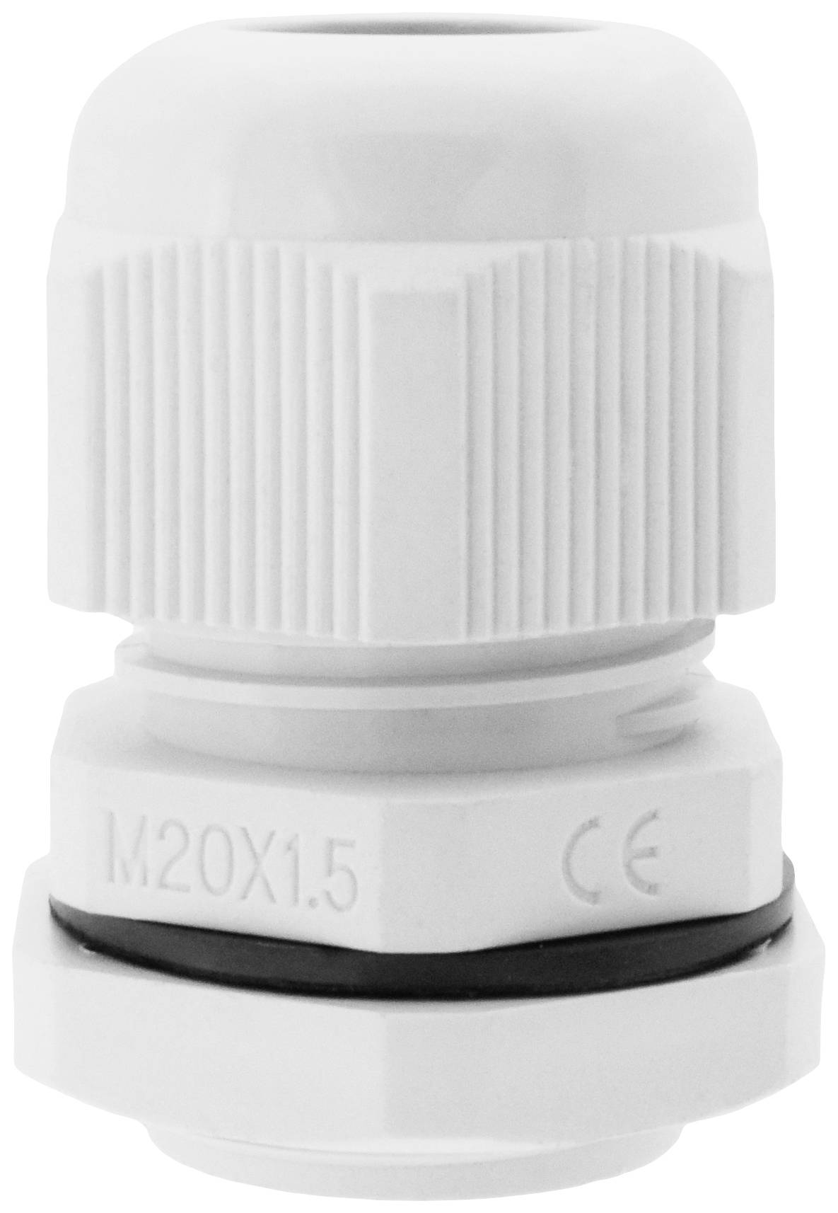 Weiße Kabelverschraubung aus Kunststoff, zylindrische Form, mit Gewinde 'M20X1.5'. Geeignet für Kabeldurchführung und Abdichtung.