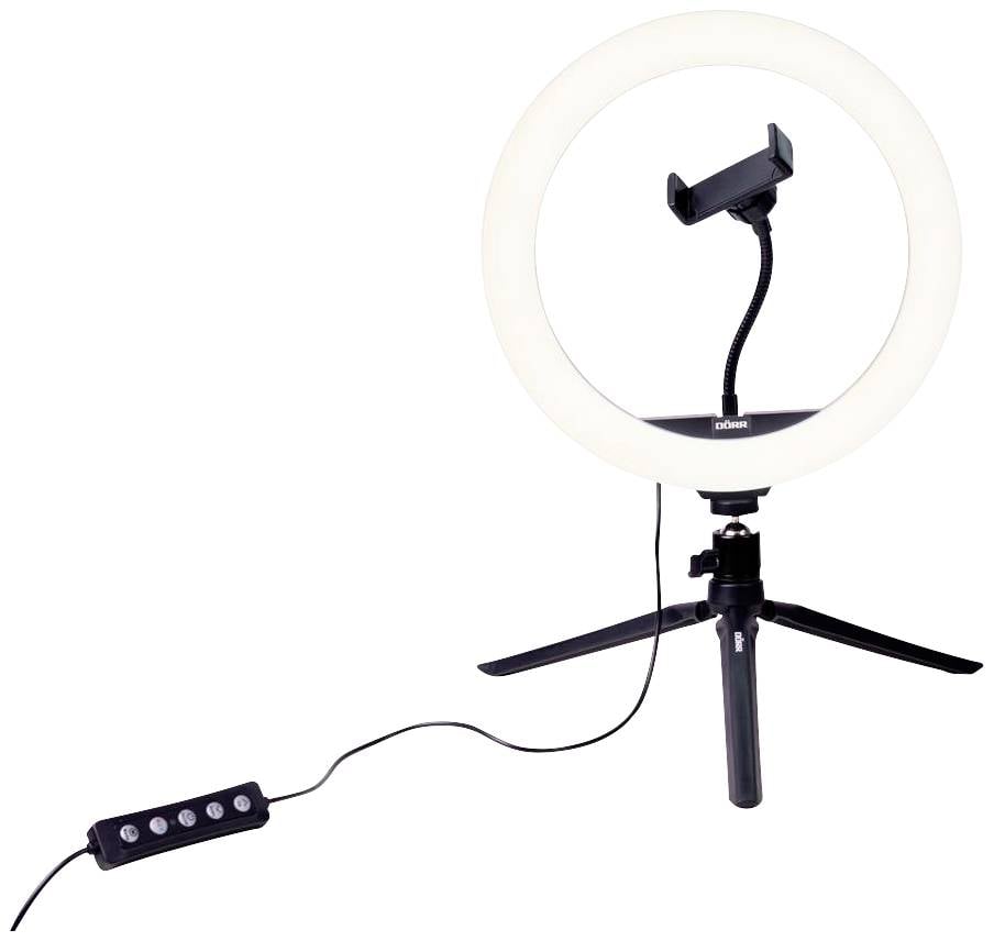 Ringlicht mit Dreibeinstativ und Smartphone-Halterung, verbunden mit einem Kabel zur Fernbedienung, zur Beleuchtung bei Fotografie.
