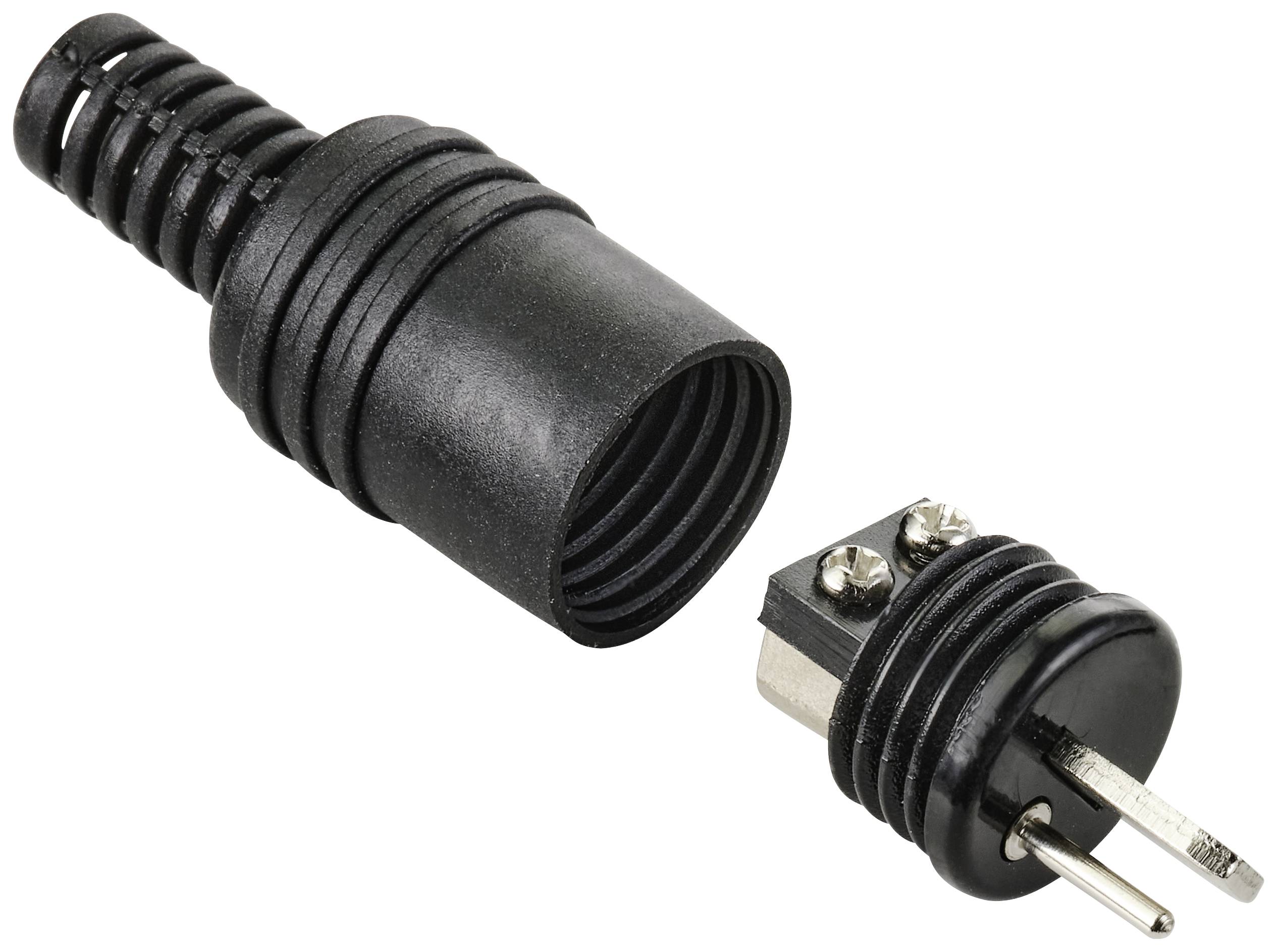 Ein schwarzer, zweiteiliger Stecker mit abnehmbarem Verbindungsteil, geeignet für elektrische Anschlüsse.