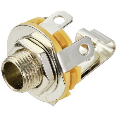 Metallbuchse mit Gewinde und gelber Kunststoffhalterung. Elektronisches Bauteil für Kabelanschlüsse.