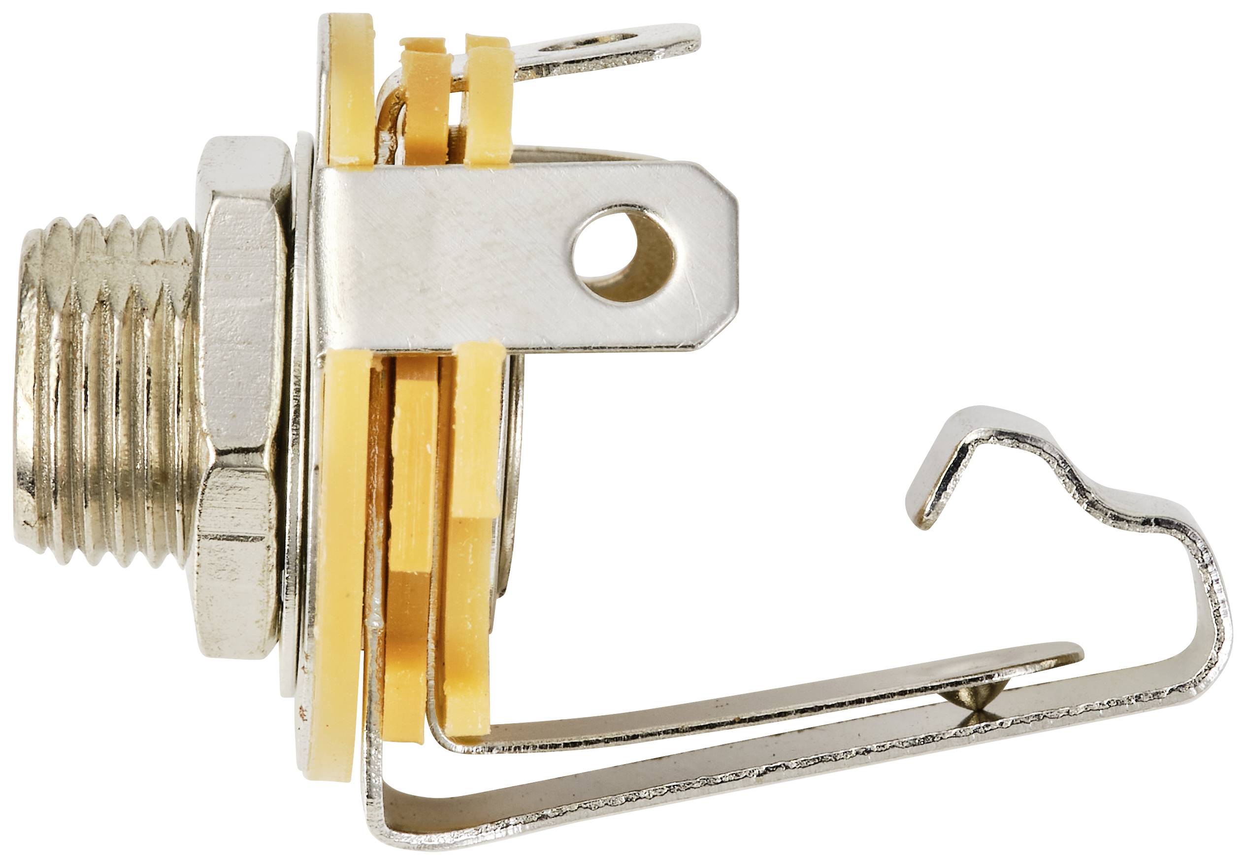 Metallklemmbefestigung mit Schraubgewinde und gelbem Kunststoffteil, geeignet für industrielle Anwendungen.