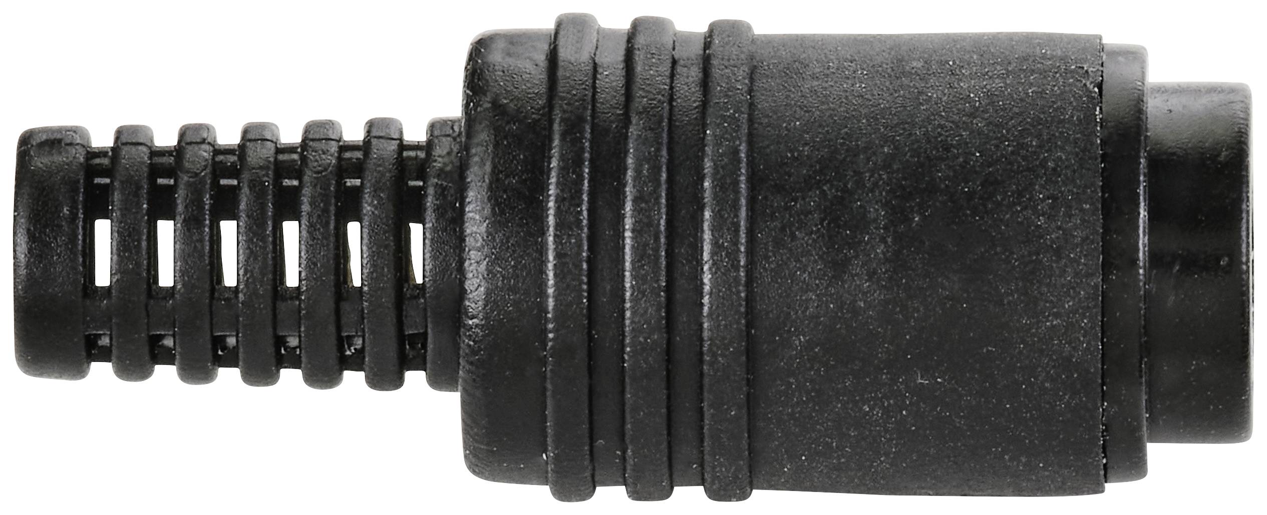 Ein schwarzer Adapterstecker mit geriffeltem Griff und zylindrischem Anschluss.