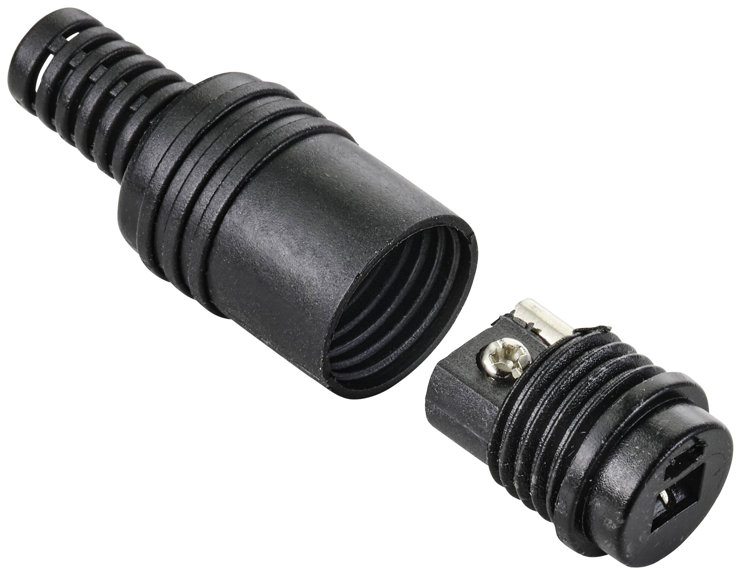 Zwei verbundene schwarze Kunststoffstecker, einer mit spiralförmiger Antiknick-Vorrichtung, zur elektrischen Verbindung.