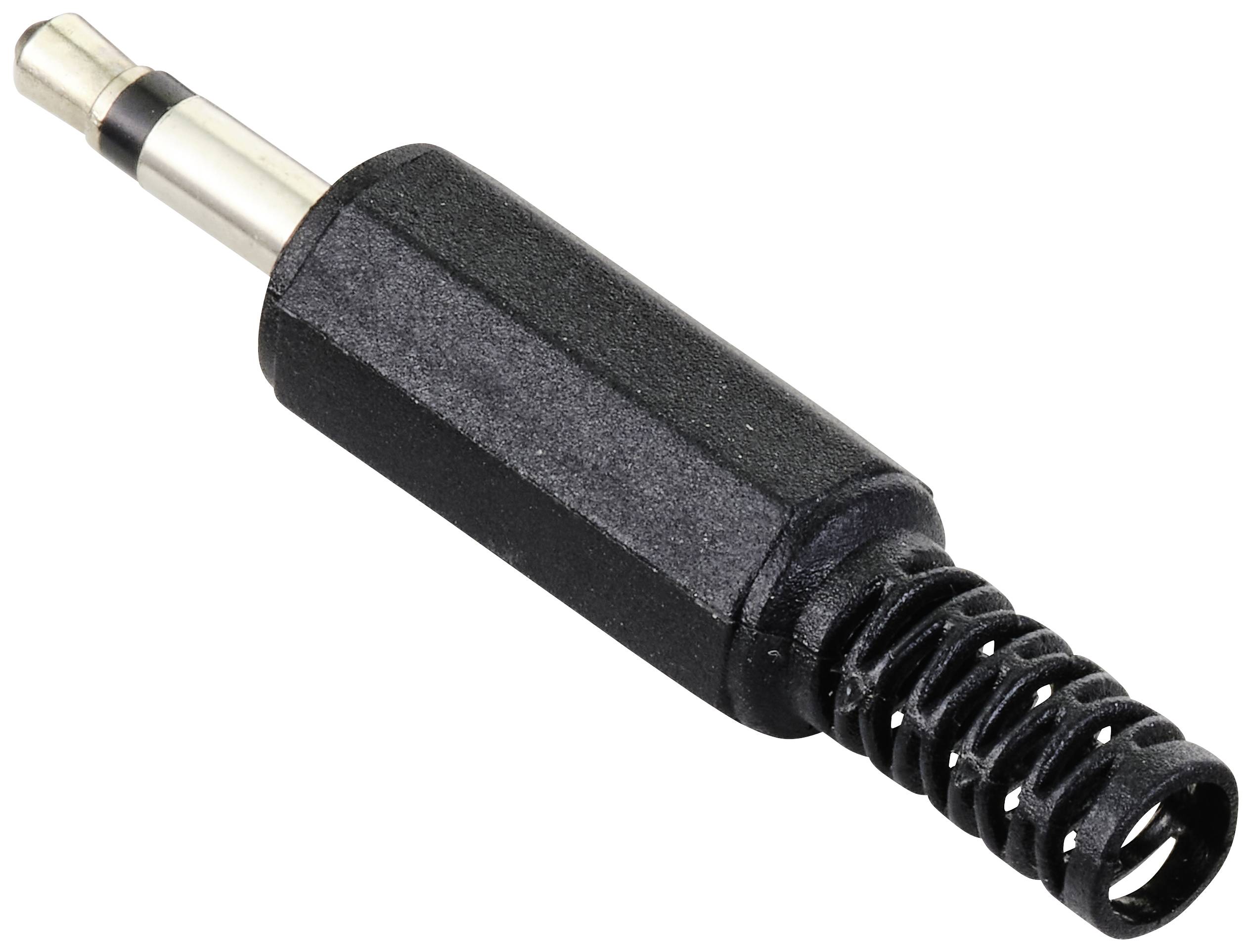 Ein schwarzer 3,5 mm Audiostecker mit silberner Spitze und Kunststoffflexschutz am Ende, verwendet für Audioverbindungen.