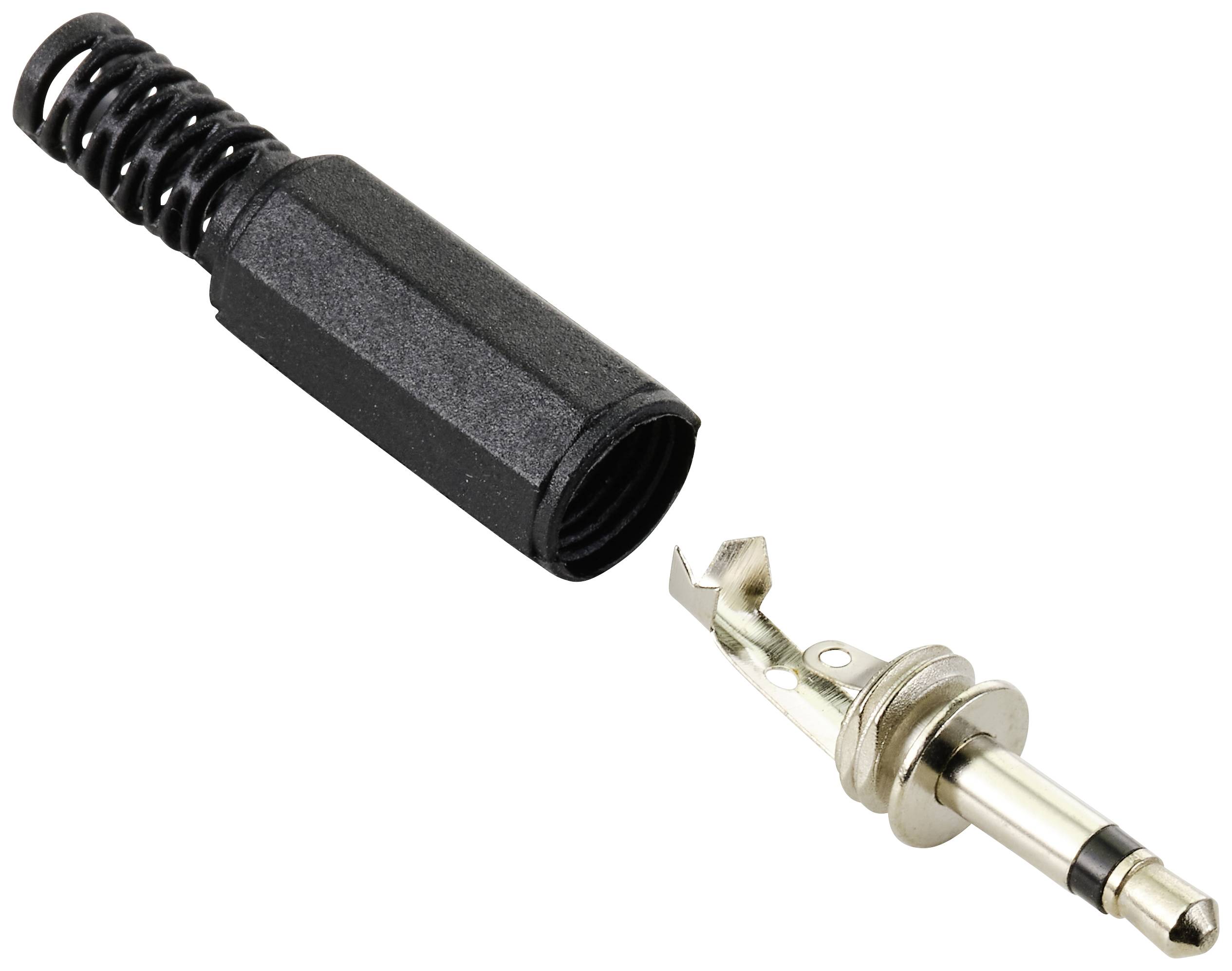 Stecker mit Feder und 3,5-mm-Audioklinkenbuchse getrennt dargestellt, zeigt die Einzelteile zur Verbindung.