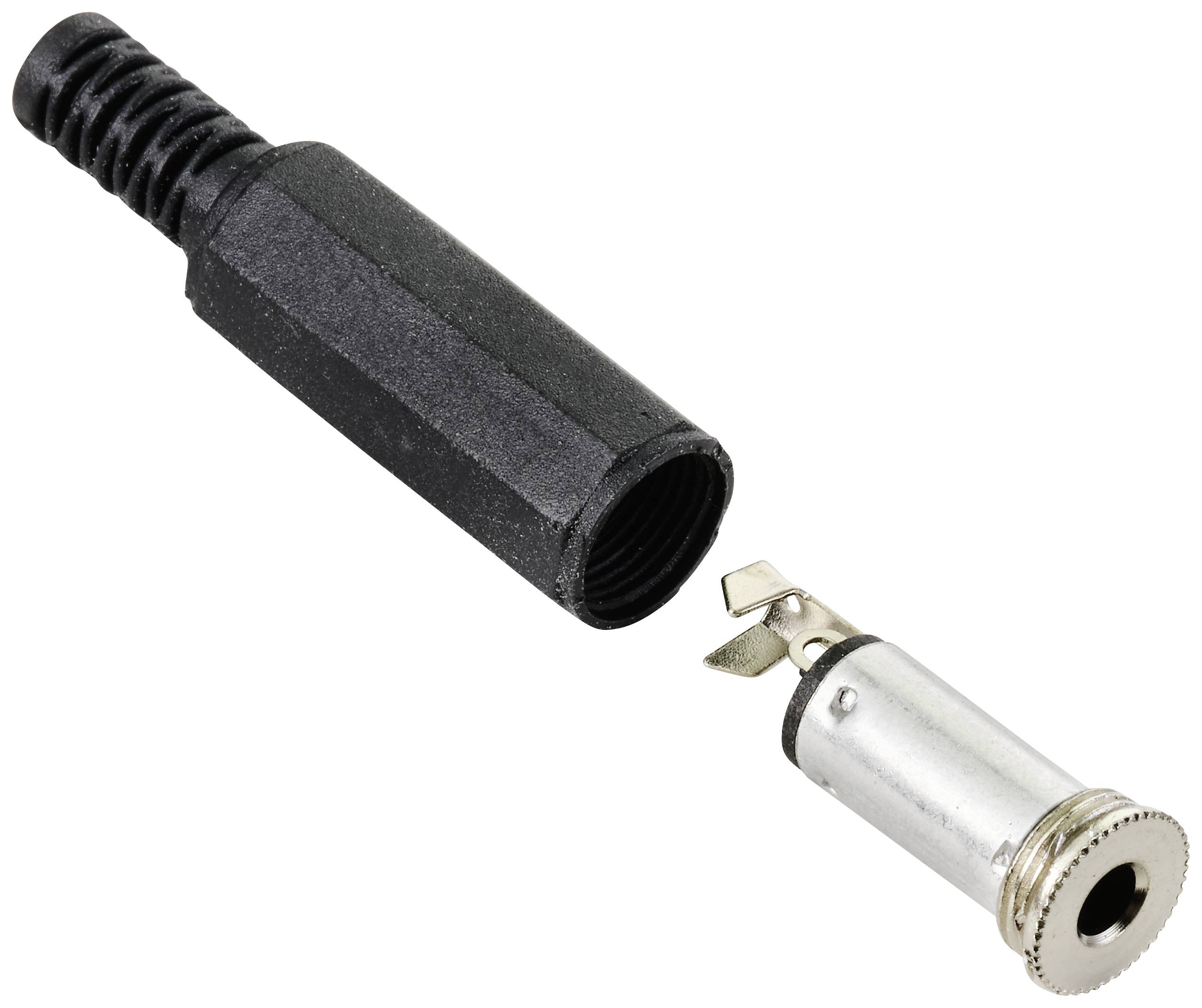 Zwei Teile eines auseinandergebauten 6,3-mm-Klinkensteckers: ein schwarz geriffeltes Gehäuse und ein silbernes Steckelement.
