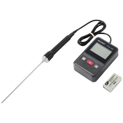 Digitales Thermometer mit langem Messfühler, verbunden mit einem Displaygerät. Eine separate Batterie liegt daneben.